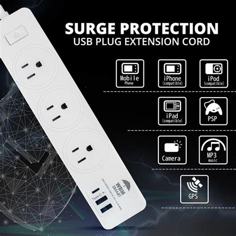 WBM Smart Extension Cord Socket 5.9 ft 10 A, Power Strip with 2 USB ...