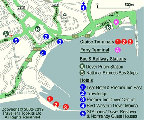 Dover UK Map - Hotels, Ferry + Cruise Terminals, Bus ,Train Stations