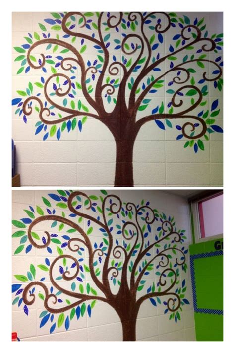 two pictures of a tree painted on the wall with blue, green and brown ...