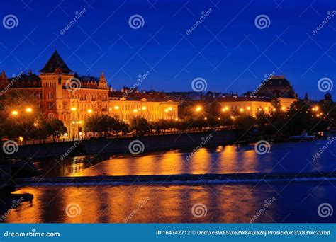 Vltava River in Night, Prague in Czech Republic. Twilight View of ...