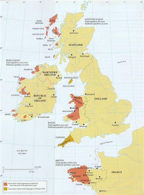 Current state of the Celtic languages by range and number of speakers ...