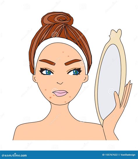 Girl With Pimples On Her Face And Skin Face Icons Set Cartoon Vector ...