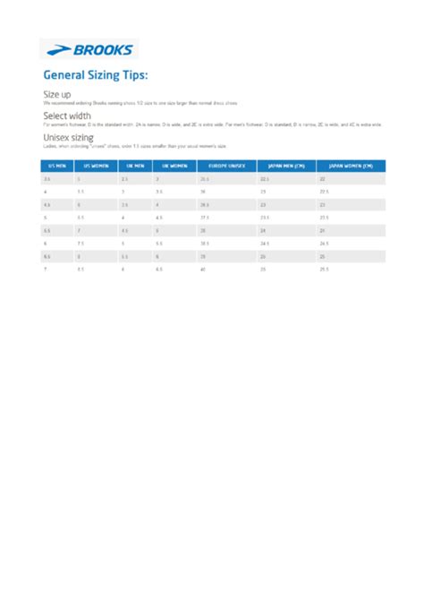 Brooks General Sizing Chart And Tips printable pdf download