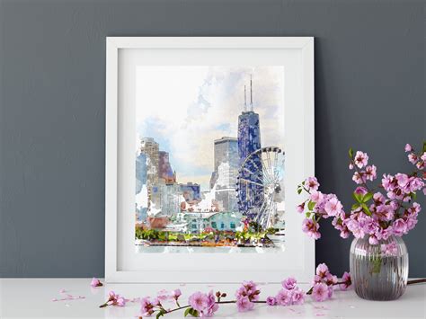 Printable Chicago Skyline Watercolor Painting Urban Sketch - Etsy