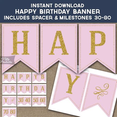 Birthday Banner - Printable Happy Birthday Banner - Pink & Gold ...