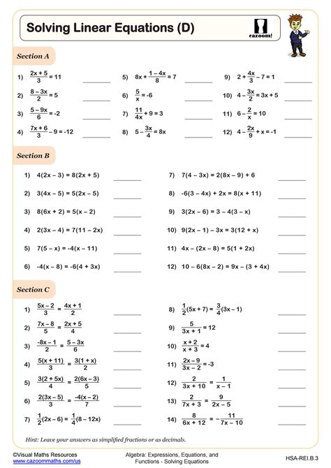 Solving Linear Equations (D) Worksheet | PDF Printable Algebra Worksheet