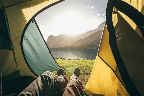 "View Out Of A Tent To A Mountain Lake At Sunrise" by Stocksy ...