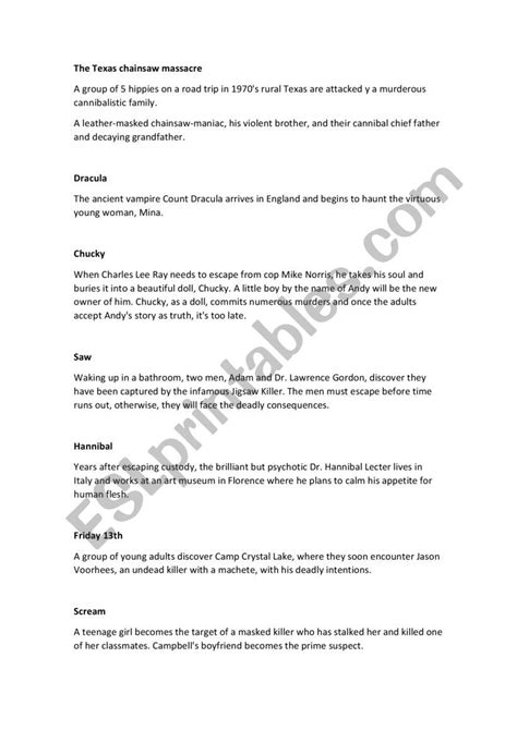 Horror Movie classics. Summary - ESL worksheet by javy1785