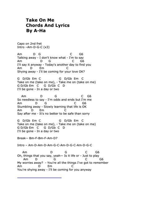 Take On Me - Chords And Lyrics By A-Ha printable pdf download