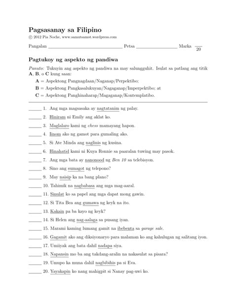 Aspekto Ng Pandiwa Chart