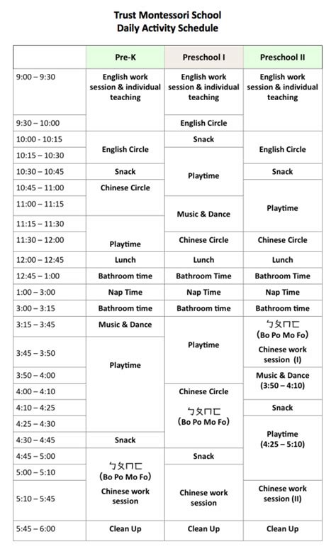 Activity Schedule - Trust Montessori School