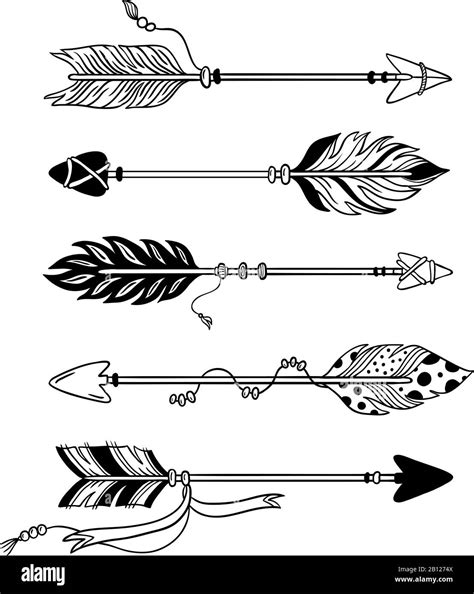 Ethnic arrows. Hand drawn feather arrow, tribal feathers on pointer and ...