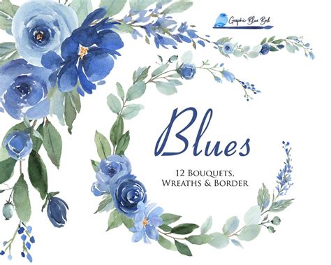 Blue Watercolor Flowers and White Flowers, Watercolor Clipart,blue ...