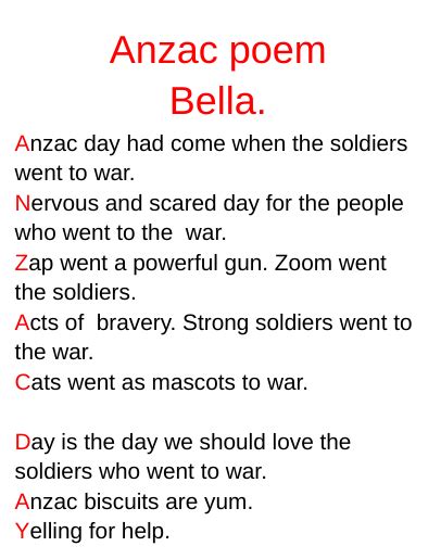 Anzac day poem – Isabella @ Marshland School