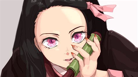 Demon Slayer Nezuko Kamado With Pink Eyes With Gray And White ...