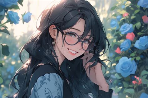 Portrait of Happy Smiling Anime Girl in Glasses with Black Hair in ...