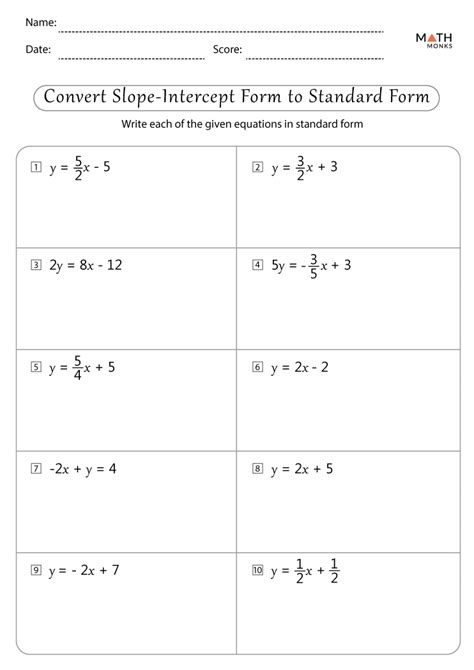 Slope Intercept Form Worksheets with Answer Key