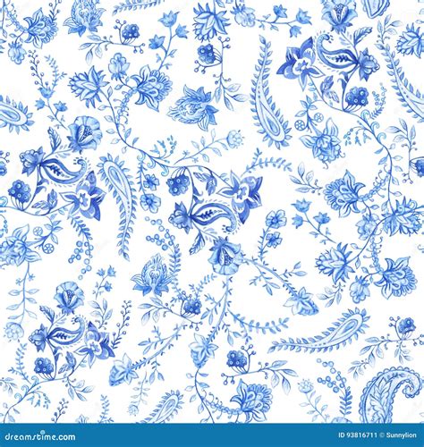 Blue and White Floral Wallpaper. Floral Seamless Pattern in Paisley ...