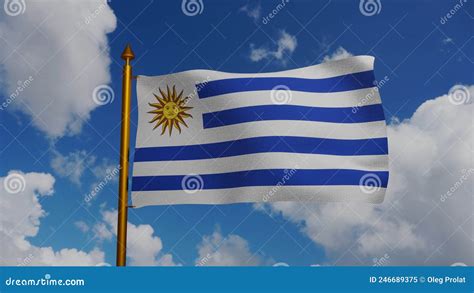 National Flag of Uruguay Waving 3D Render with Flagpole and Blue Sky ...