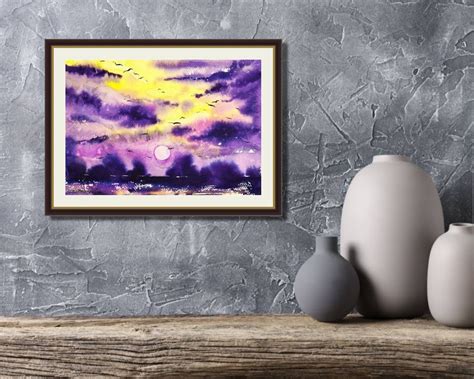 Sunrise Painting Landscape Original Art Sky Clouds Watercolor | Etsy