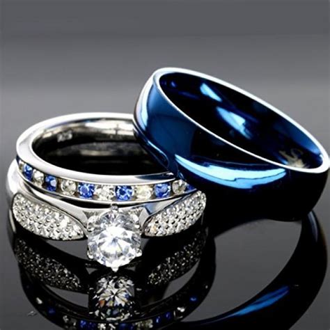 His And Hers 925 Sterling Silver Blue Sapphire Stainless Steel Wedding ...