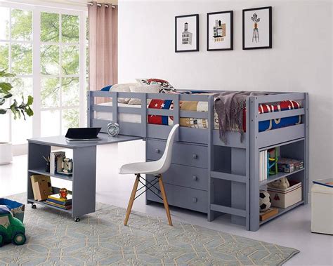 Caden Grey Twin Loft Bed with Desk, Dresser & Bookcase