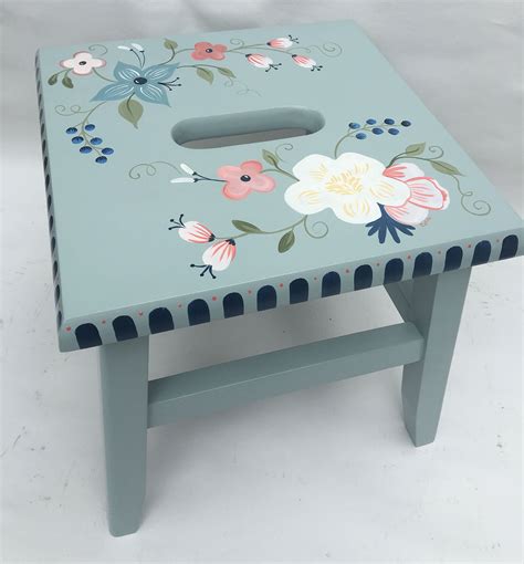 Painted Flower Step Stool/ Painted Stool/ Blue Accent Furniture/coastal ...