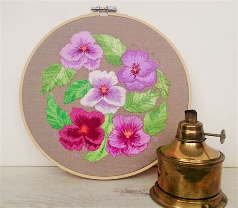 Hoop Art Purple Violets / Embroidered Flowers / Floral Home