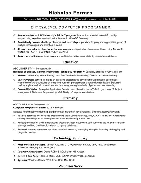 Sample Resume For An Entry-Level Computer Programmer | Monster.com