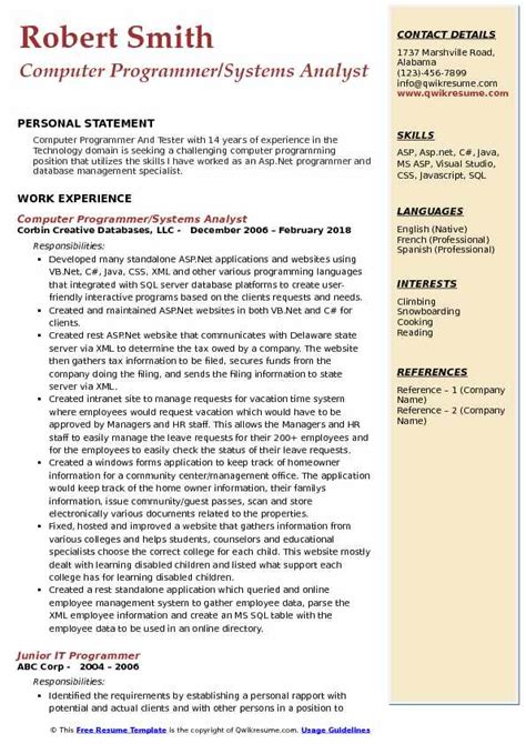 Computer Programmer Resume Samples | QwikResume