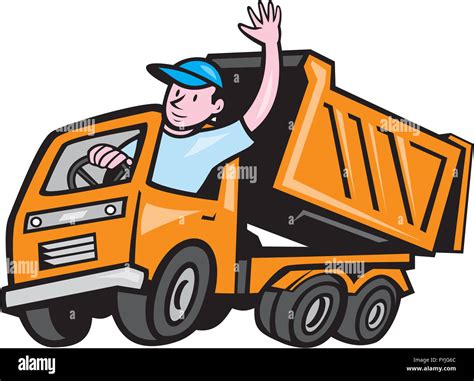 Dump Truck Driver Waving Cartoon Stock Photo - Alamy