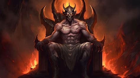 Male demon seated on fiery throne digital concept art of the king of ...