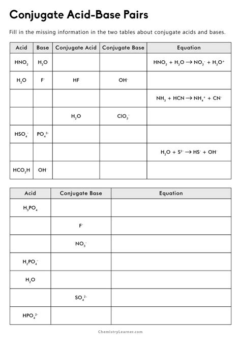 Free Printable Conjugate Acid Base Pairs Worksheets