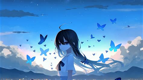 Sad girl Wallpaper 4K, Anime girl, Mood, Butterflies