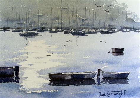 Painting simple row boats with watercolor.Watercolor seascape