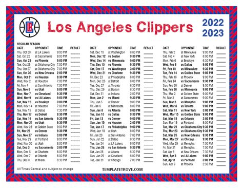 Printable 2022-2023 Los Angeles Clippers Schedule