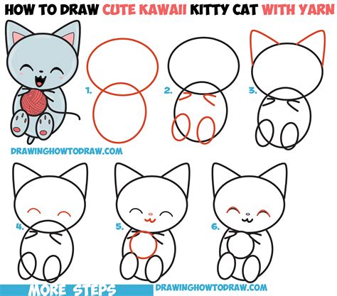 How to Draw Cute Kawaii Kitten / Cat Playing with Yarn Easy Step by ...