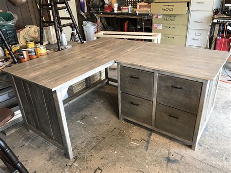 Rustic L-shaped Desk with Filing Cabinet Drawers