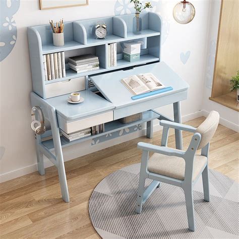 Avelinn Study Desks/Solid Wood Study Desk with Shelf/Home Office/Blue ...