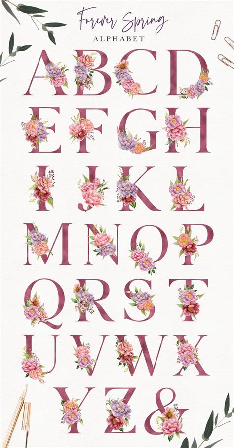 the upper and lower letters are decorated with watercolor flowers ...