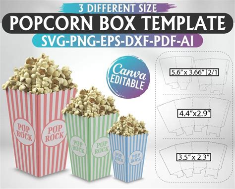 3 Sizes Popcorn Box Template Bundle Popcorn Box Svg Popcorn Etsy In