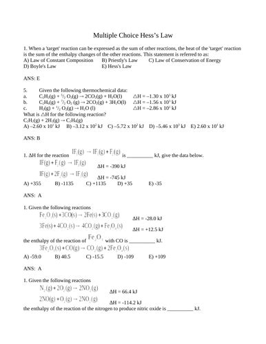 HESS'S LAW and ENERGY DIAGRAMS Multiple Choice Grade 12 Chemistry WITH ...