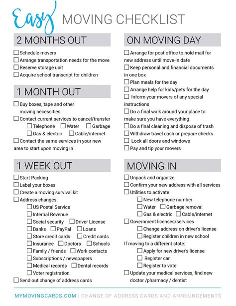 Printable House Moving Checklist Template