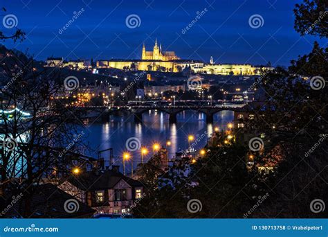 Prague Castle and Vltava River, Night Scene Stock Photo - Image of ...