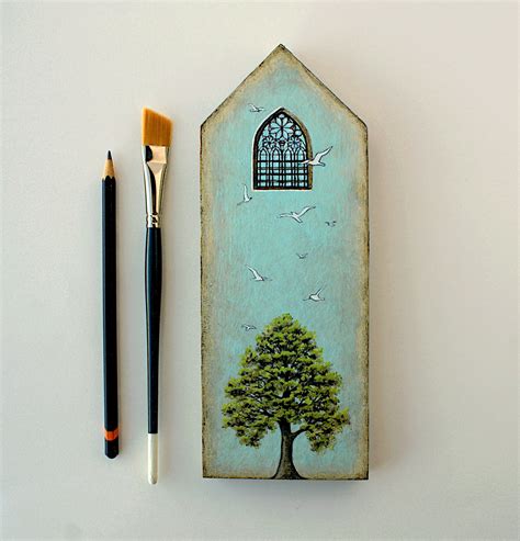 Green Tree Painting, Tree Art, Tree and Bird Painting, Small Original ...