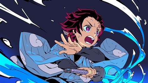 Demon Slayer Tanjirou Kamado With Purple Eyes Having Weapon With Black ...