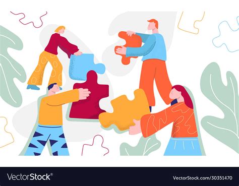 Cartoon people working together connecting puzzles