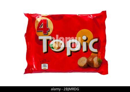 Topic chocolate bar on white background with open cut up bar by the ...