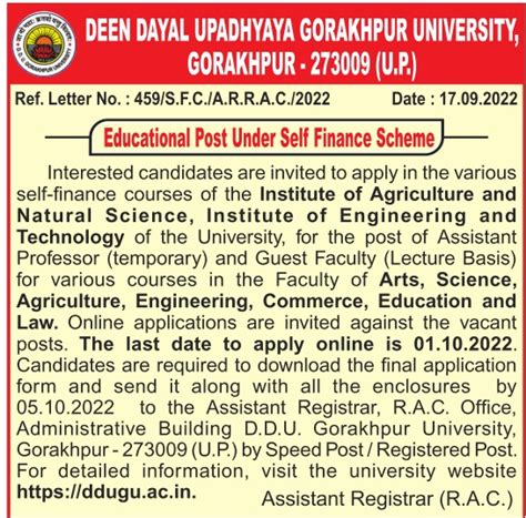 Deen Dayal Upadhyaya Gorakhpur University, Gorakhpur Wanted Assistant ...