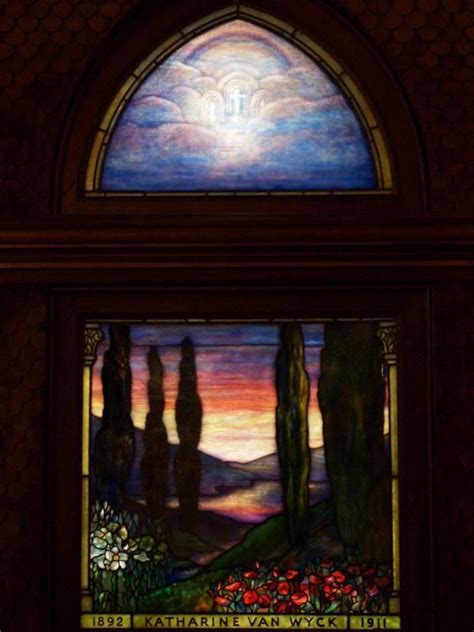 Tiffany Stained Glass Window with Trees and Flowers